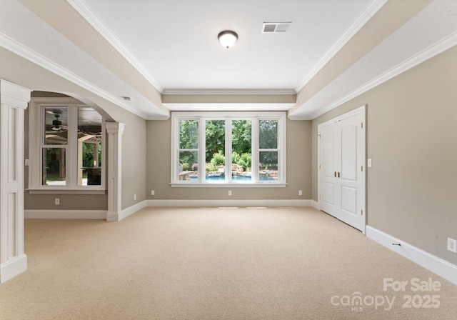 1108 Shinnecock Ln, Waxhaw, NC 28173 - carpeted spare room with ornamental molding, arched walkways, and ceiling fan