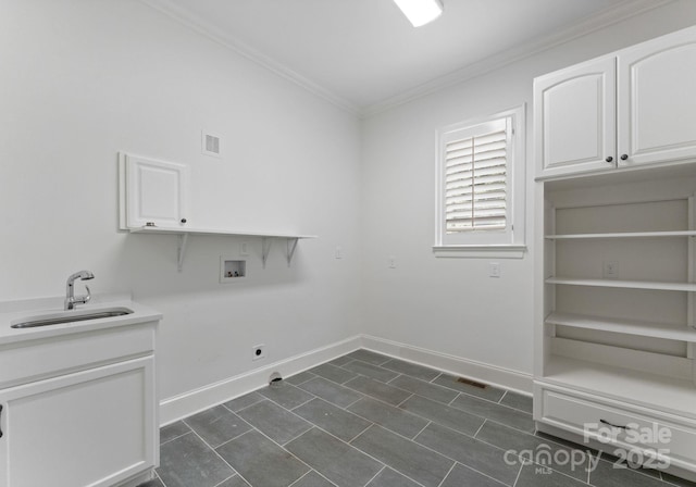 1108 Shinnecock Ln, Waxhaw, NC 28173 - laundry room featuring washer hookup, crown molding, cabinet space, electric dryer hookup, and dark tile patterned floors