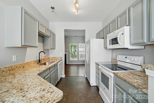 10867 Garden Oaks Ln, Charlotte, NC 28273 - kitchen featuring white appliances, a sink, and gray cabinets