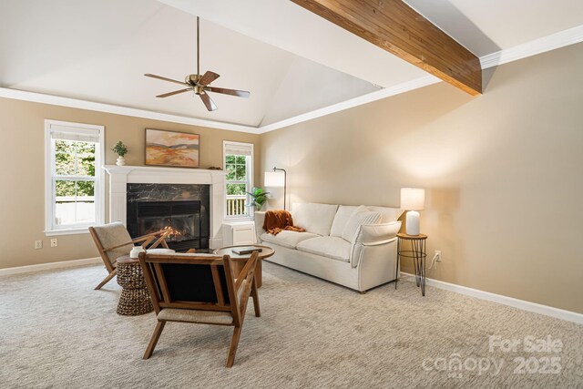 212 Riva Ridge Dr, Fairview, NC 28730 - living area featuring a fireplace, a ceiling fan, carpet floors, baseboards, and vaulted ceiling