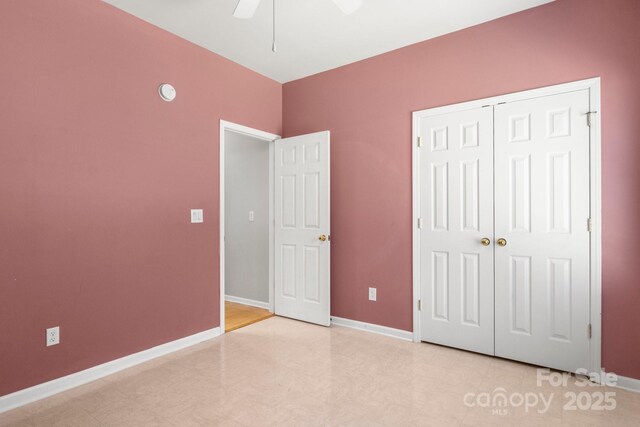 4764 Brockton Ct NW, Concord, NC 28027 - unfurnished bedroom featuring baseboards, a closet, ceiling fan, and light floors