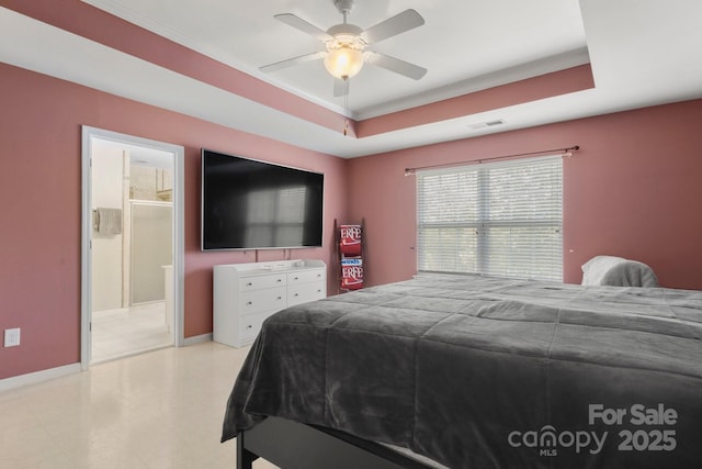 4764 Brockton Ct NW, Concord, NC 28027 - bedroom featuring baseboards, a raised ceiling, crown molding, a ceiling fan, and ensuite bath