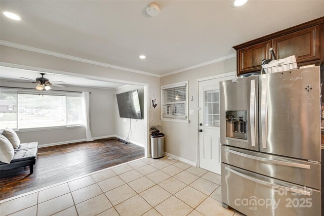 739 Springdale Rd, Rock Hill, SC 29730 - kitchen with stainless steel fridge, light tile patterned flooring, ornamental molding, recessed lighting, and a ceiling fan