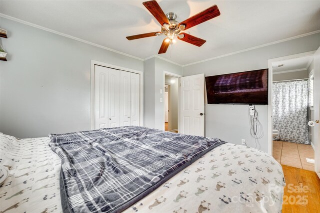 739 Springdale Rd, Rock Hill, SC 29730 - bedroom featuring ornamental molding, a closet, wood finished floors, ceiling fan, and ensuite bathroom