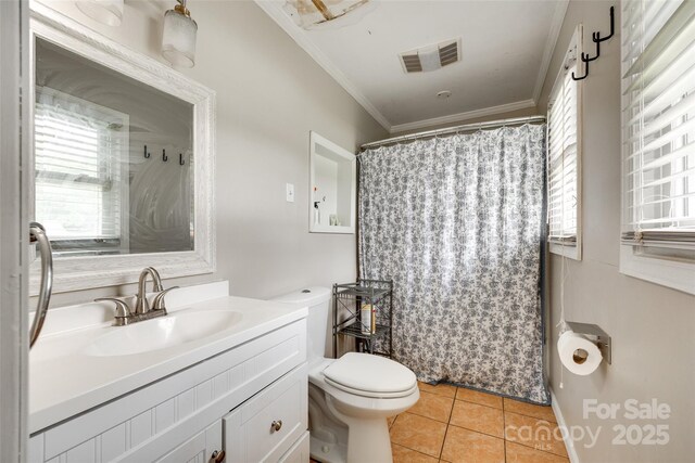 739 Springdale Rd, Rock Hill, SC 29730 - bathroom featuring plenty of natural light, vanity, ornamental molding, tile patterned floors, and curtained shower