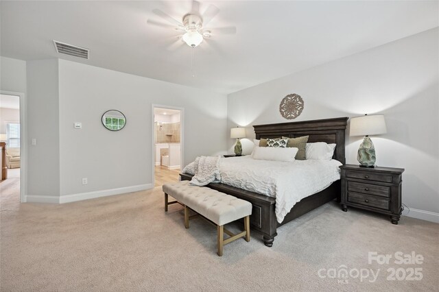 10022 Wayfair Meadow Ct, Charlotte, NC 28277 - bedroom featuring light colored carpet, baseboards, connected bathroom, and a ceiling fan