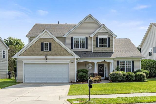 12312 Mcallister Park Dr, Charlotte, NC 28277 - craftsman house featuring driveway, a front lawn, roof with shingles, and covered porch
