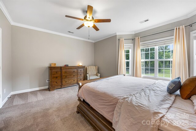 12312 Mcallister Park Dr, Charlotte, NC 28277 - bedroom with ornamental molding, carpet flooring, baseboards, and a ceiling fan
