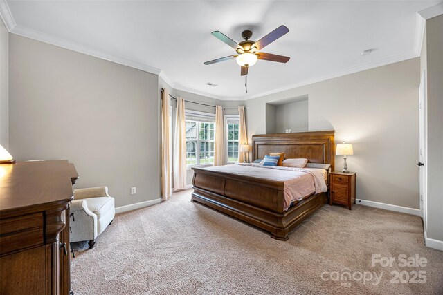 12312 Mcallister Park Dr, Charlotte, NC 28277 - bedroom with baseboards, light colored carpet, ornamental molding, and a ceiling fan