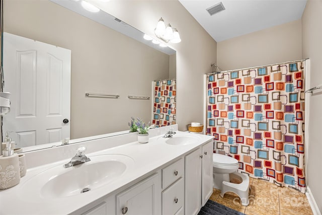 12312 Mcallister Park Dr, Charlotte, NC 28277 - bathroom featuring toilet, double vanity, tile patterned floors, and curtained shower