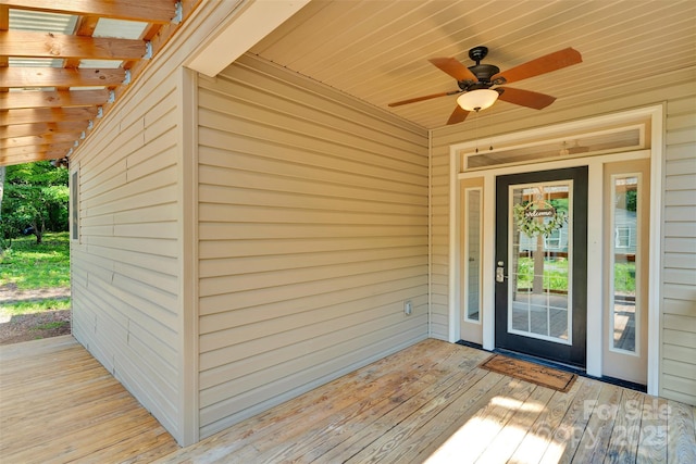 3333 Roberta Rd, Concord, NC 28027 - property entrance with a ceiling fan and a wooden deck