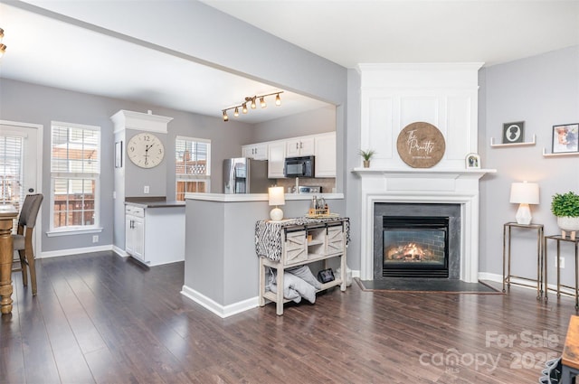 2945 Duvalla Ave, Charlotte, NC 28209 - living room featuring dark wood-style floors and a fireplace with flush hearth