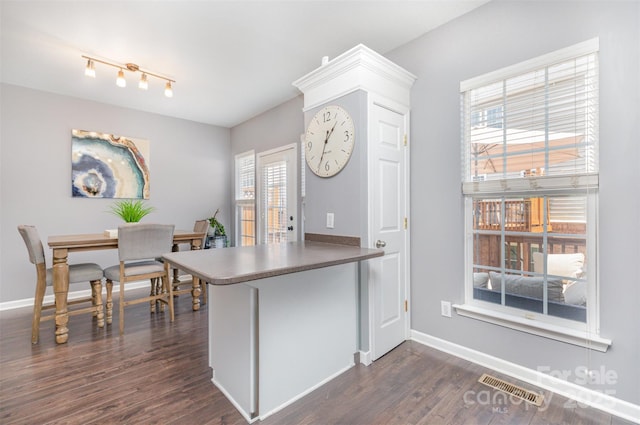 2945 Duvalla Ave, Charlotte, NC 28209 - kitchen featuring a peninsula, plenty of natural light, and dark wood-style floors