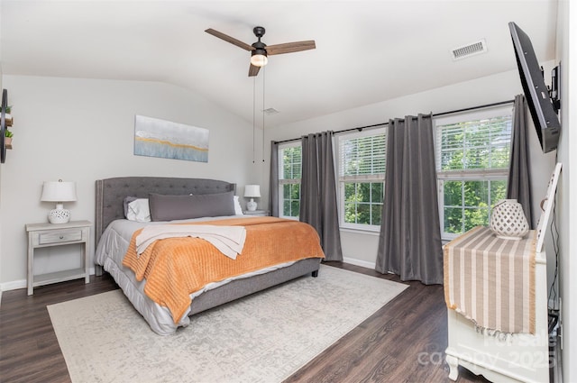2945 Duvalla Ave, Charlotte, NC 28209 - bedroom featuring lofted ceiling, multiple windows, dark wood-type flooring, and a ceiling fan