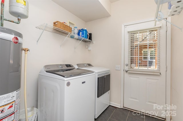 2945 Duvalla Ave, Charlotte, NC 28209 - laundry room featuring gas water heater, washer and dryer, and dark tile patterned flooring