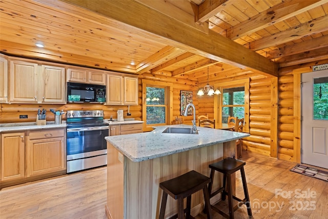536 Tawodi Trl, Maggie Valley, NC 28751 - kitchen with stainless steel electric stove, a sink, black microwave, wood ceiling with exposed beams, and light wood finished floors