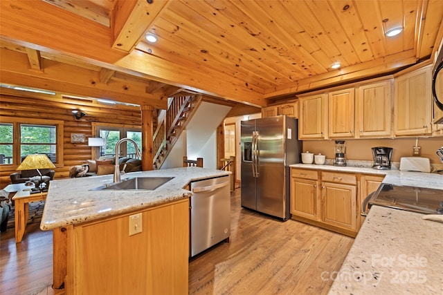 536 Tawodi Trl, Maggie Valley, NC 28751 - kitchen featuring stainless steel appliances, a sink, log walls, light wood-type flooring, and wooden ceiling