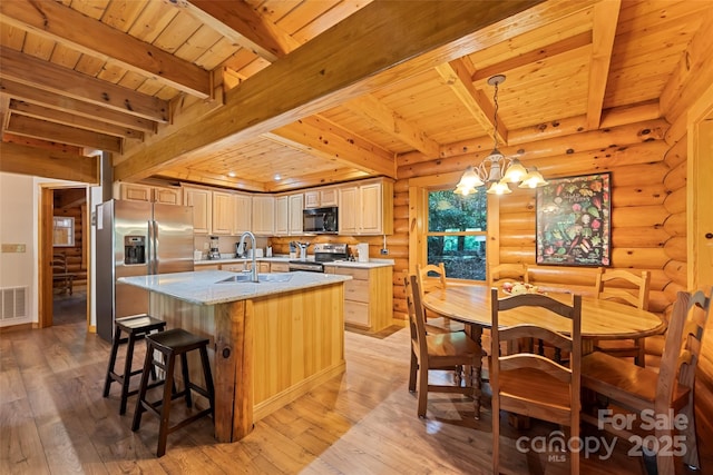 536 Tawodi Trl, Maggie Valley, NC 28751 - kitchen with wood ceiling with exposed beams, a sink, stainless steel appliances, light wood-style floors, and a chandelier