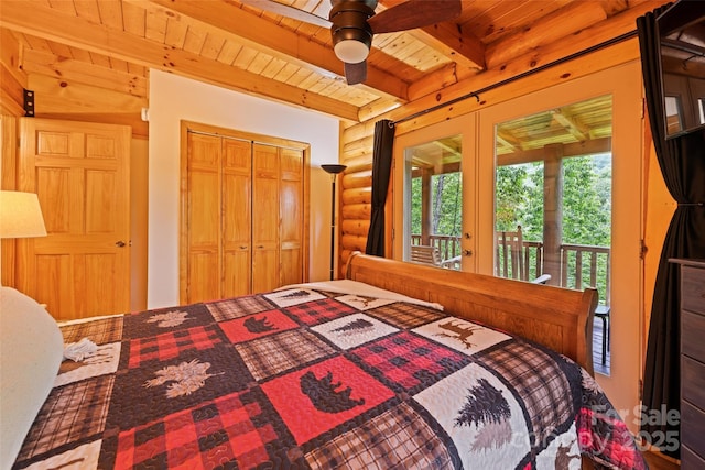 536 Tawodi Trl, Maggie Valley, NC 28751 - bedroom featuring wood ceiling with exposed beams, access to exterior, rustic walls, french doors, and a closet