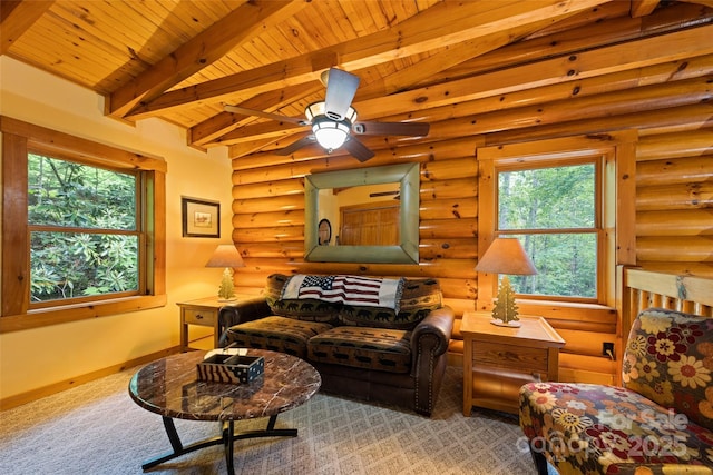 536 Tawodi Trl, Maggie Valley, NC 28751 - living area featuring wooden ceiling, rustic walls, and a ceiling fan