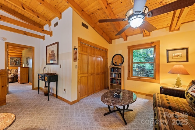 536 Tawodi Trl, Maggie Valley, NC 28751 - living area with wooden ceiling, baseboards, a ceiling fan, and light colored carpet