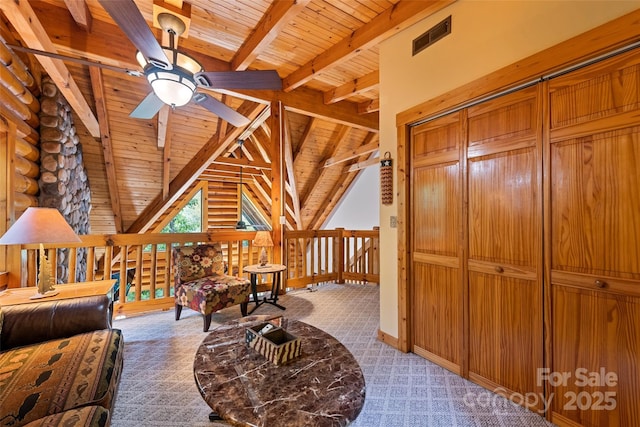 536 Tawodi Trl, Maggie Valley, NC 28751 - living area with wood ceiling, a ceiling fan, and carpet floors