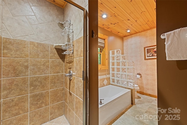 536 Tawodi Trl, Maggie Valley, NC 28751 - bathroom with a bath, wooden ceiling, a stall shower, toilet, and recessed lighting