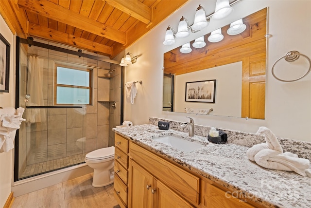 536 Tawodi Trl, Maggie Valley, NC 28751 - full bath with wooden ceiling with exposed beams, vanity, toilet, a stall shower, and wood finished floors