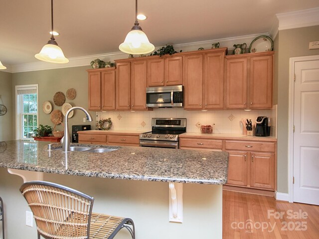 155 Culpeze Rd, Mooresville, NC 28117 - kitchen with appliances with stainless steel finishes, ornamental molding, a kitchen bar, light wood-style flooring, and decorative backsplash