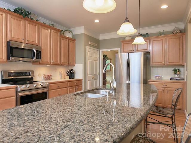 155 Culpeze Rd, Mooresville, NC 28117 - kitchen featuring stainless steel appliances, a kitchen breakfast bar, tasteful backsplash, hanging light fixtures, and light stone counters