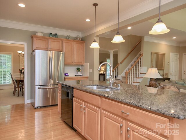 155 Culpeze Rd, Mooresville, NC 28117 - kitchen featuring freestanding refrigerator, black dishwasher, light wood-style floors, ornamental molding, and stone counters