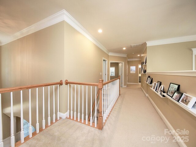 155 Culpeze Rd, Mooresville, NC 28117 - hallway featuring recessed lighting, crown molding, carpet floors, and an upstairs landing