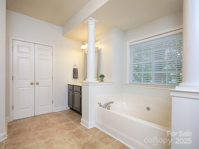 155 Culpeze Rd, Mooresville, NC 28117 - bathroom featuring decorative columns, vanity, a bath, and tile patterned floors