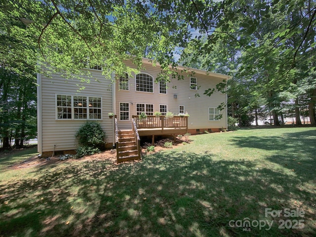 155 Culpeze Rd, Mooresville, NC 28117 - back of property with crawl space, a deck, a lawn, and stairs