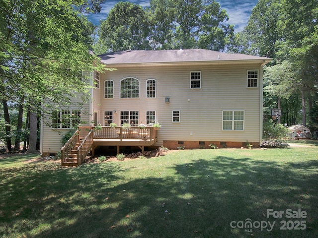155 Culpeze Rd, Mooresville, NC 28117 - rear view of property featuring crawl space, a lawn, a wooden deck, and stairs