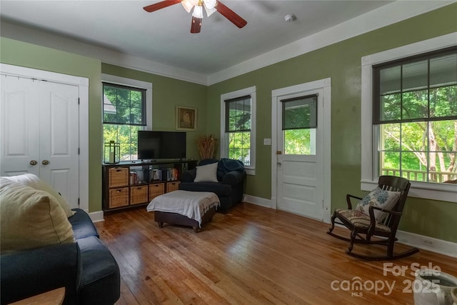 6 Wood Ave, Asheville, NC 28803 - living room featuring ceiling fan, wood finished floors, and baseboards