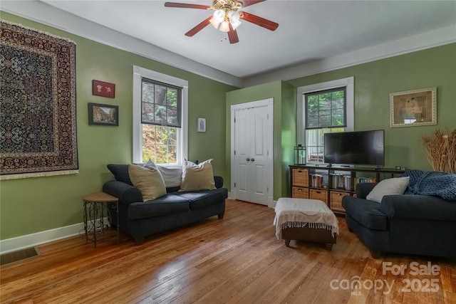 6 Wood Ave, Asheville, NC 28803 - living room with ceiling fan, hardwood / wood-style floors, and baseboards