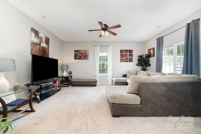 7012 Somerset Springs Dr Unit E, Charlotte, NC 28262 - living room featuring plenty of natural light, carpet floors, and a ceiling fan