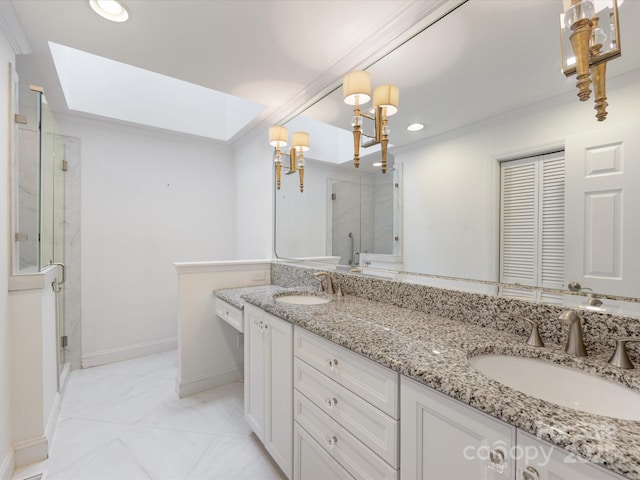 5104 Top Seed Ct, Charlotte, NC 28226 - full bathroom with a marble finish shower, double vanity, a skylight, recessed lighting, and marble finish flooring