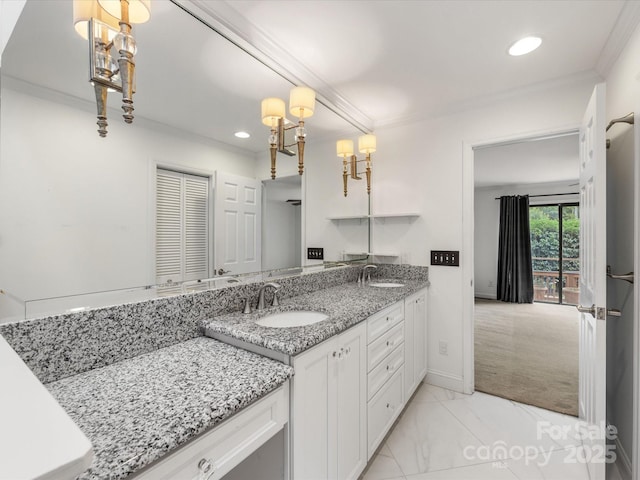 5104 Top Seed Ct, Charlotte, NC 28226 - full bath featuring ornamental molding, double vanity, recessed lighting, and marble finish flooring