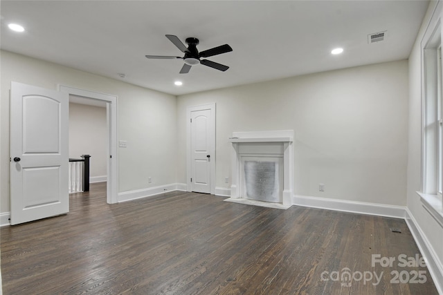 1783 Radio Station Rd, Newton, NC 28658 - unfurnished living room with a ceiling fan, dark wood-type flooring, recessed lighting, and baseboards
