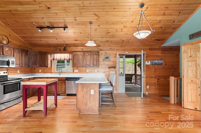 314 Prosperity Rdg, Waynesville, NC 28785 - kitchen with appliances with stainless steel finishes, lofted ceiling, wood ceiling, light countertops, and a breakfast bar