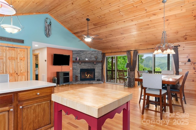 314 Prosperity Rdg, Waynesville, NC 28785 - dining area featuring wooden ceiling, a fireplace, high vaulted ceiling, a ceiling fan, and light wood-style flooring