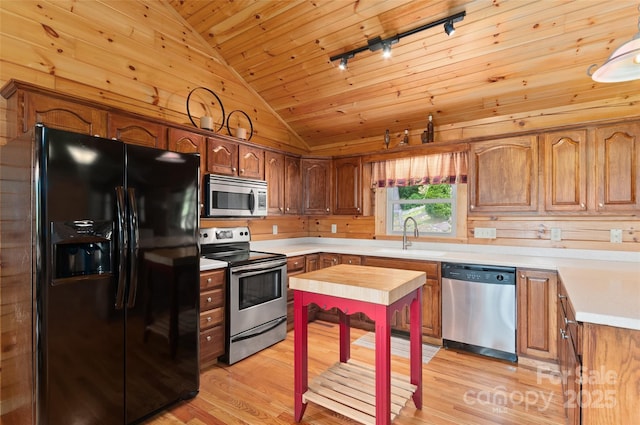 314 Prosperity Rdg, Waynesville, NC 28785 - kitchen featuring stainless steel appliances, a sink, lofted ceiling, light countertops, and light wood-style floors