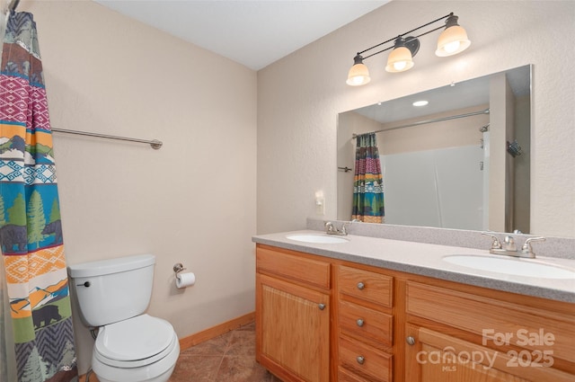 314 Prosperity Rdg, Waynesville, NC 28785 - bathroom featuring double vanity, toilet, baseboards, tile patterned flooring, and curtained shower