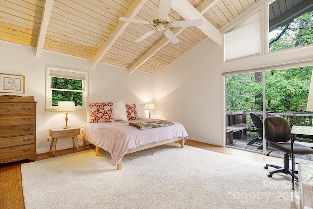 1207 Ridge Rd Unit 25, Glade Valley, NC 28627 - bedroom with access to outside, wood finished floors, wood ceiling with exposed beams, multiple windows, and high vaulted ceiling