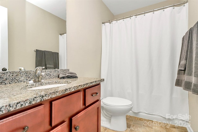1397 Tupelo Rd, Clover, SC 29710 - full bath featuring vanity, toilet, stone finish floors, and curtained shower