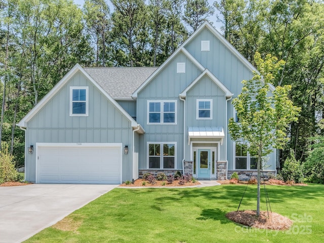 7108 Hambright Rd, Huntersville, NC 28078 - view of front of home featuring driveway, a front lawn, roof with shingles, and board and batten siding