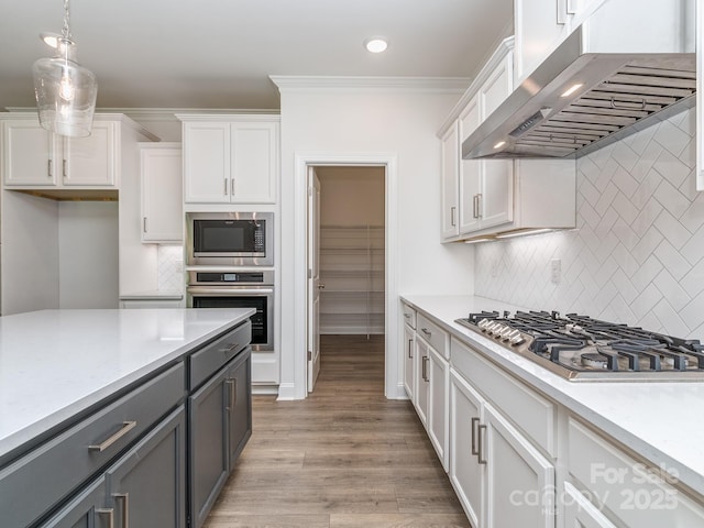 7108 Hambright Rd, Huntersville, NC 28078 - kitchen with appliances with stainless steel finishes, wall chimney exhaust hood, gray cabinets, backsplash, and white cabinetry