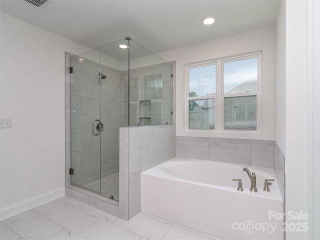 7108 Hambright Rd, Huntersville, NC 28078 - full bath with a bath, a shower stall, marble look tiles, baseboards, and recessed lighting